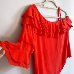 Parker Red Asymmetrical Ruffled Blouse in Silk for Beach Weekends Cruises